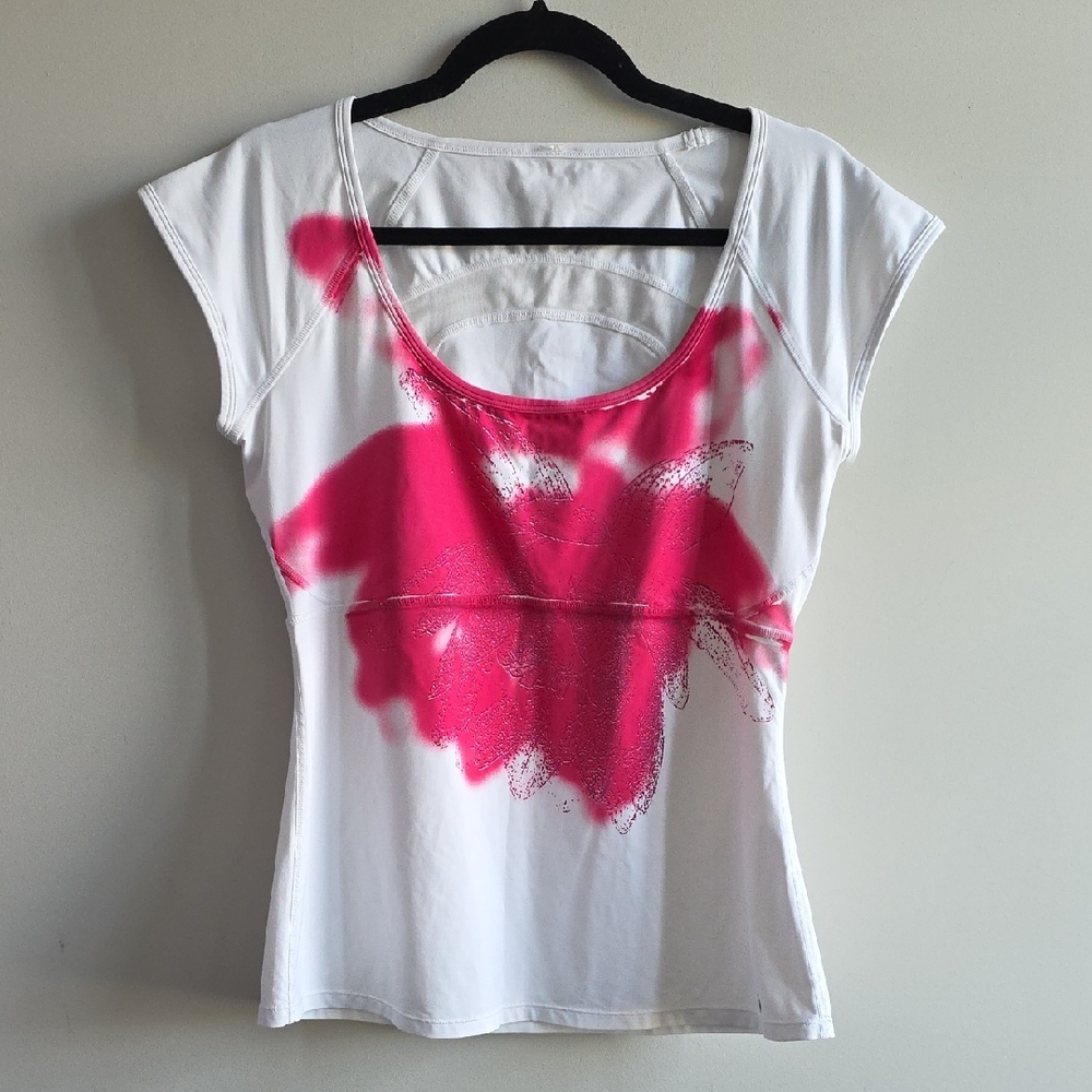 Lululemon - Women's White & Pink Short Sleeve Tee With Mesh Logo Back - Size 8